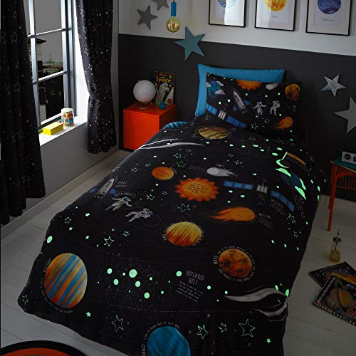 Happy Linen Company Boys Girls Kids Planets Space Rockets Glow In The Dark Navy Blue Double Duvet Cover Bedding Set