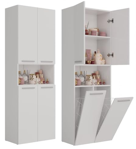 ADGO - Mobile da bagno alto con 2 cesti portabiancheria integrati, autoportante (bianco opaco)
