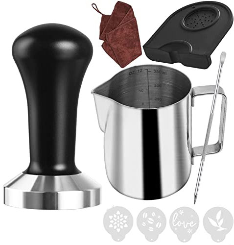 51mm Tamper Presse-moutures Presse à Café en Acier Inoxydable 51 Presser Machine à Expresso Porte-Filtre Barista Accessoire avec Tapis de Cafe, Pot à lait, Serviette Barista et Stylo Barista