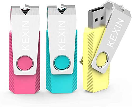 KEXIN Flash Drive 64GB 3 Pack 64 GB Thumb Drive Swivel Pen Drive Data Storage USB Stick with LED Indicator 64G Pink Yellow Cyan