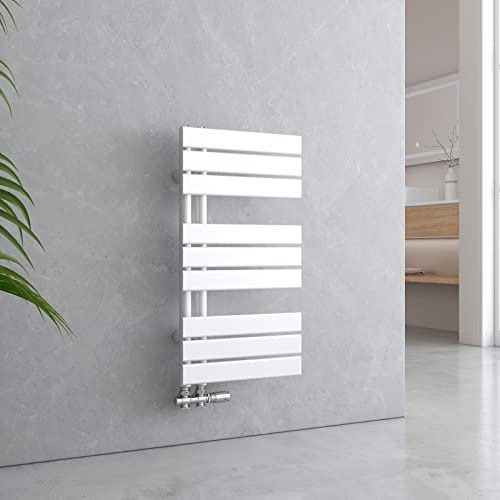 EMKE Radiador de baño plano, 762 x 400 mm, color blanco, calentador de toallas pequeño, toallero con conexión lateral para agua, 342 W