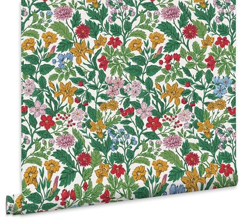 Graham & Brown Joules Arts and Crafts Floral Rainbow Wallpaper | Easy Paste The Wall Application | Multicoloured Floral Design | Eco Friendly
