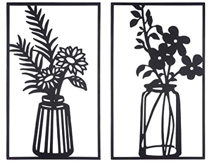 MF MegaFuchs Set om 2 MF metall, väggdekoration, blomdekoration, väggrelief, metallbild, svart med ram, höjd 50 cm