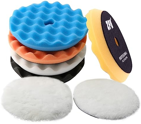 Buffing Polishing Pads, ZFE 7Pcs 6(150mm) Waffle Foam Buffing Pads Polishing Pads Wool Pad Kit for 6Inch Backing Plate RO/DA/GA Car Polisher Boat Compounding, Polishing and Waxing