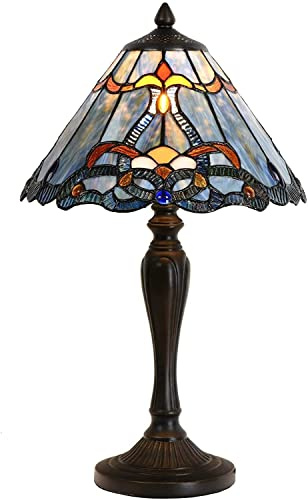 Bieye L30683 Lampada da tavolo in vetro colorato in stile Tiffany barocco, luce notturna con paralume blu largo 12 pollici per comodino, camera da letto, soggiorno, altezza 20 pollici