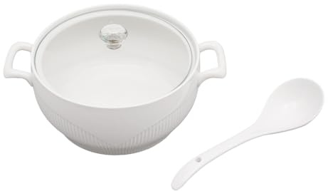 Ceramic Soup Tureen, White Porcelain Soup Pot w/Glass Lid, Ceramic Covered Tureens w/Spoon for Restaurant Home Kitchen, Oven and Dishwasher Safe (7.5'' Round White)