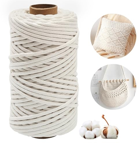 Hilo de macramé natural, 4 mm x 100 m, 4 mm, hilo de algodón natural para proyectos de bricolaje, respetuoso con el medio ambiente, suave, fuerte, ideal para tapices, colgantes de plantas y hilo hecho