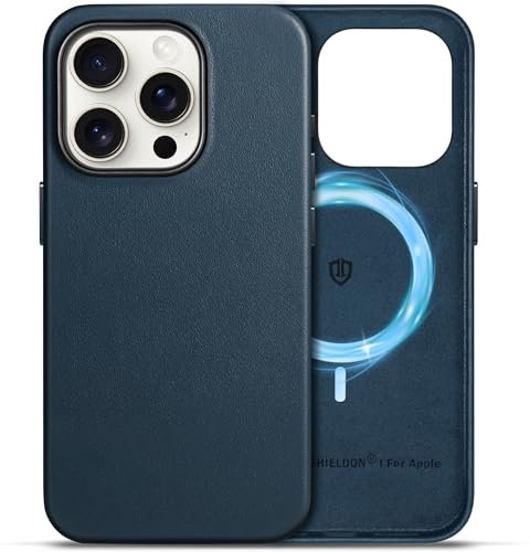 SHIELDON Hülle für iPhone 15 Pro Handyhülle Dünn Case [Echtleder] [Kabellos Laden] [Anti-Fingerabdruck] [Magnetisch] [Slim Leicht] Schutzhülle Lederhülle Kompatibel mit iPhone 15 Pro 5G 6,1 Marineblau