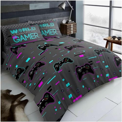 GC GAVENO CAVAILIA Breathable Gaming Bedding Set Double, Gamer Duvet Cover Set (200x200 Cm), Polycotton Reversible Quilt Bed Covers, Washable Linen, Charcoal