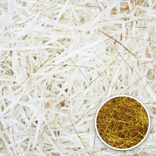 200 g raffia fyllningsmaterial gåva hammare strimlat papper gåva fyllning för fest hamper fyllning och presentförpackning för presentförpackning dekoration (vitt guld)