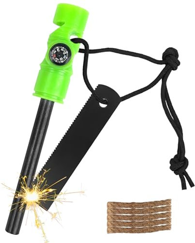 MOSTFUN Pedernal Supervivencia Magnesio Mechero Kit 5 En 1 Encendedor con Brújula Silbato Cuerda de Cáñamo Encendedor Supervivencia para Camping Supervivencia Exterior (Verde)
