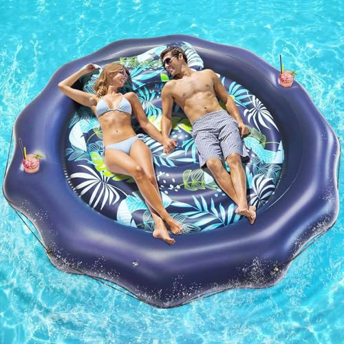 Blissbuilt Luftmatratze Pool Doppelt 200 * 200cm,Groß Schwimminsel Mit Kissen und Getränkehalter,Tanning Pool Luftmatratze,Rundschwimmliege für Paare,Für Sommerpool,Strand,See & Partys,Marineblau