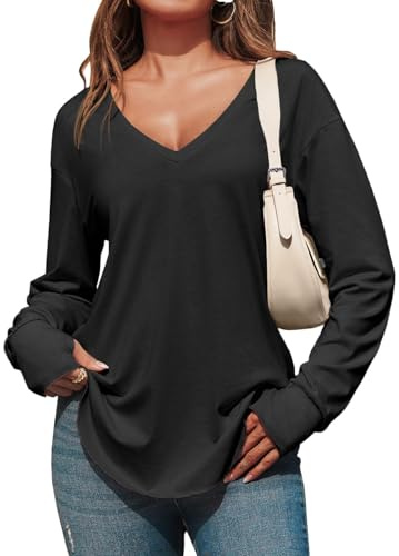 Fisoew Maglietta a Maniche Lunghe da Donna Scollo a V Profondo Top Oversize Maglietta a Maniche Lunghe Casual Maglietta Lunga con Foro per Il Pollice, Nero, M