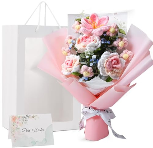 Crochet Flowers Bouquet Knitted Flowers Handmade Roses Pink Artificial Floral Arrangement for Mum,Home Decor,Weddings, Birthdays Gift