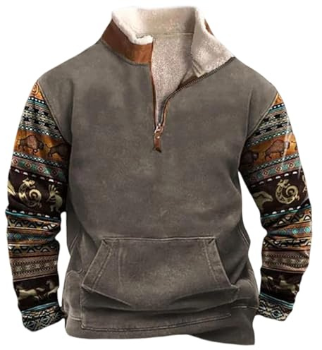 Genérico Sudadera para Hombre Cálido Sudadera sin Capucha para Hombre Patchwork Retro Estampado Suéter con Media Cremallera con Cuello Alto Suéter Vintage Tribal Primitivo Chaqueta de Felpa