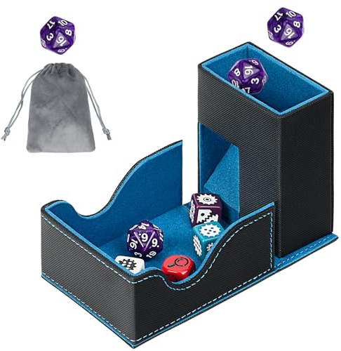 Torre Lanciadadi, Vassoio Magnetico per Dadi Pieghevole in Pelle Organizer per Dungeons & Dragons, MTG DM e Giocatore, Nero e Blu