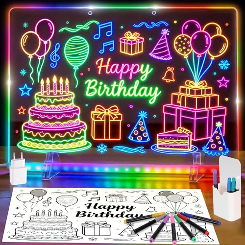 LED Zeichenbrett,35x25cm Wiederaufladbare Doodle Tafel mit 8 Farben, 10 Pauspapier (20 Skizzen), 14 Textmarker, Neon Art Trockenlösch-Tafel für Memo, Notiztafel, Werbung, Nachtlicht, Wanddekoration