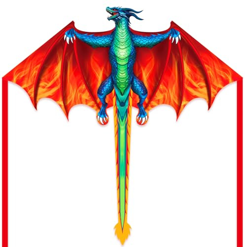Kaiciuss Dragon Kite for Kids & Adults, Easy to Fly for Beginners, 300ft Kite String Included, Perfect for Beach Trips (Red)