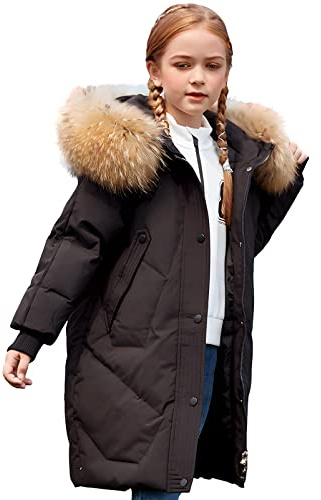 amropi Abrigo para Niña Invierno Chaqueta con Pelo Capucha Plumas Caliente Ropa Negro,11-12 años