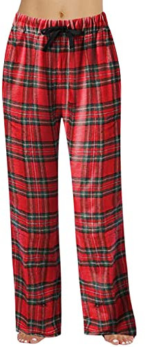TDEOK Rutiga pyjamasbyxor dam vinter bomull: Rutiga pyjamasbyxor dam varma långa hemmabyxor med fickor sovbyxor med fickor och dragsko nattkläder fritidsbyxor pyjamasbyxor, röd, M