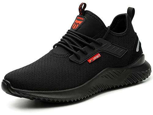 Calish Sicherheitsschuhe Herren Damen Arbeitsschuhe Leicht Stahlkappenschuhe Sportlich rutschfeste Atmungsaktiv Schutzschuhe Stahlkappe Sneaker Schwarz, 42 EU