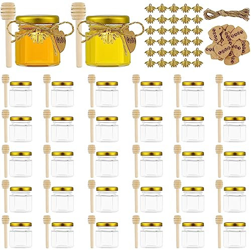 XiYee 30Pcs 45ml Mini Pots à Miel en Verre Hexagonaux avec Louches en Bois, Pendentifs Abeille, Étiquettes en Papier Kraft, Jute Pots à Confiture, Parfait Babyshower, Faveurs de Mariage (30)