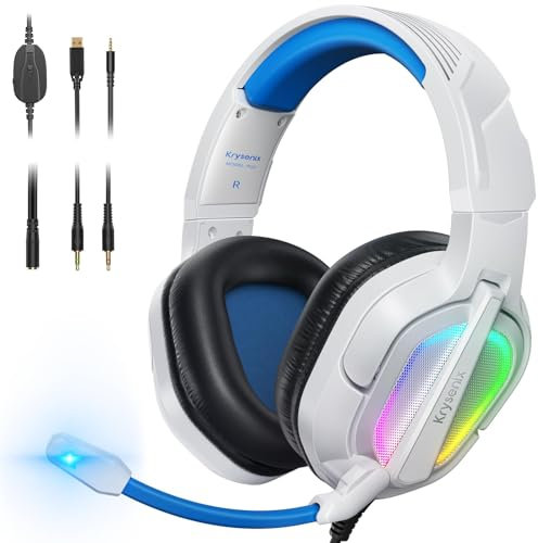 Krysenix PG2 Auriculares Gaming para PS4, PS5, PC, Xbox, Nintendo Switch, Cascos Gaming con Sonido de Micrófono Estéreo IA, Cascos con Conector de 3.5 mm y luz RGB, Blanco/Azul