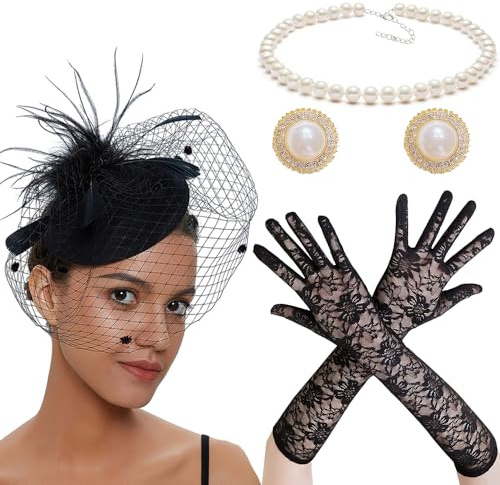 SHDIEHJFMLDH 4 Pezzi Flapper Costume Accessori Set per Donne,Cappello Fascinator in Velo a Rete e Piume,con Guanti di Pizzo Orecchini Collana di Perle,per Costume di Carnevale Matrimonio Chiesa Decor