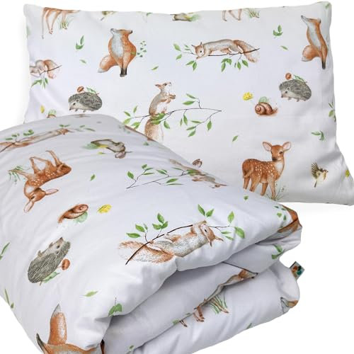 Kinderbettwäsche 100x135 + 40x60 | 100% Baumwolle Weiche & Farbenfrohe Bettwäsche für Babys | Mädchen & Jungs | Hochwertiges Set mit Reißverschluss YKK Kissenbezug | Schönes zartes Muster - Wald