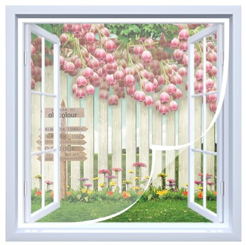 Fenêtre moustiquaire 115x130cm installation de colle sans perçage|Transparente|Rideau anti-mouches pour fenêtre de protection contre les insectes,moustiquaire pour fenêtres de salon et cuisine,Blanc