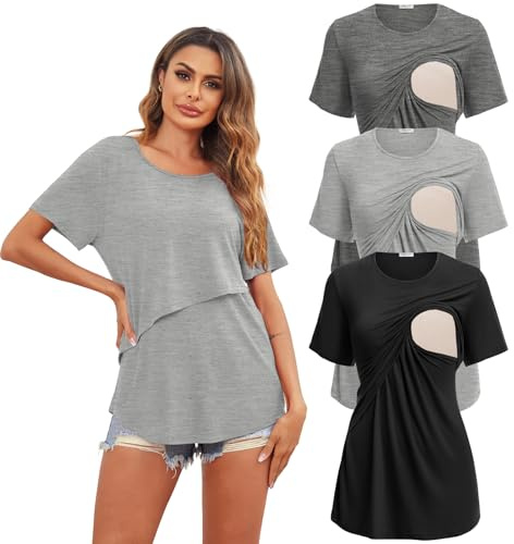 Ekouaer Short Sleeves Maternity Shirts Nursing Tops & Tees for Mommy Round Neck Pregnancy Loungewear Breastfeeding Outfit Tee Shirts 3 Packs M (Black + Light Grey + Deep Grey)
