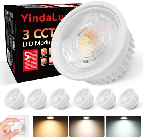 YindaLux 6er Set 3CCT LED Modul 230V - Ultra Flach ø50*23mm für Einbaustrahler - 5W 500LM 38° Abstrahlwinkel - 3000K/4000K/6000K Dimmbar - Ersetzt GU10 MR16 Leuchtmittel - IP44 Wasserdicht