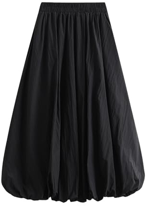 WERNZATT Bubble Maxi Skirt for Women Y2K Elastic High Waist Balloon Long Skirts Pleated Flowy A Line Ruffle Hem Puff Midi Skirts Going Out Streetwear (Black, ONE Size)