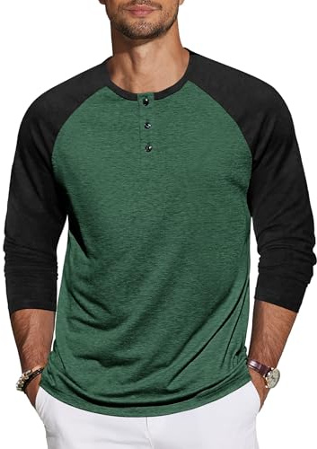 TARAINYA Henley skjorta herr t-shirt för män långärmad tröja herr stretch med knappar smal passform, Grön svart, L