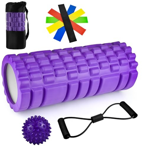 Rullo Massaggio Muscolare Kit 9 in 1 Foam Roller Pilates con Pallina Massaggio Piedi Schiena Yoga Palestra Stretching Roll Tubo Fitness Massaggiatore Cilindro Fisioterapia Schiuma Muscle 33x14cm Viola