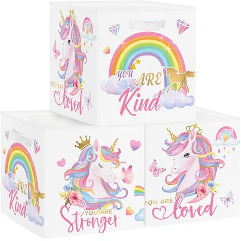 Clastyle 3 Stück Rosa Einhorn Kinder Aufbewahrungsbox Regenbogen Stoff Mädchen Aufbewahrungskorb mit Griffen Spielzeug Aufbewahrungswürfel Organizer für Bücher Kleidung, Diamant, 30x30x30 cm