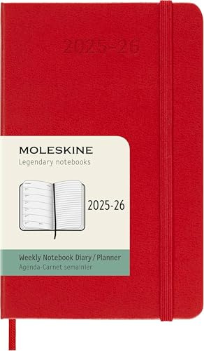 Moleskine Wochen-Notizkalender 2025-2026, 18-Monats-Wochenplaner mit Notizplatz, Harte Einband und Gummiband, Taschenformat 9 x 14 cm, Scharlachrot