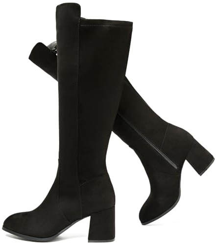 Ruiee Women's Extra Wide Calf Knee High Boots True Wide Width Chunky Heeled Boot Comfortable Plus Size Tall Long Gogo Boots for Women., Black Mf 370, 9 X-Wide