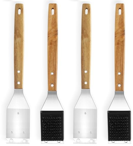 4 cepillos de barbacoa de acero inoxidable, de barbacoa con rascador largo con mango de madera, 38 cm cepillos de parrilla para barbacoas de gas, barbacoa de carbón de leña