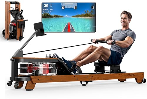 Orisyn Rudergerät für Zuhause aus Eiche Holz - Wasser Rudergerät klappbar mit großerem Tablethalter, App kompatible Rudergeräte 180 kg belastbar, Benutzergröße bis 200cm
