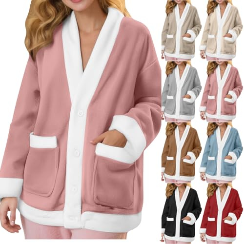 Wyongtao Veste Polaire Femme Manteau D'Intérieur En Peluche Manteau Femme Hiver Chaud Boutons Hauts De Pyjama Col En V Épaissir Blouson Décontractée Doux Ample Top Cachemire Avec Poche