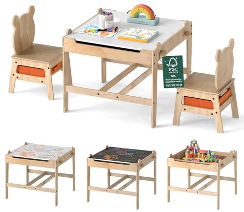COSTWAY Barnbord med 2 Stolar, 4-i-1 Målbord med Dubbelsidig Tavla och 2 Avtagbara Tyglådor, Barnstolsgrupp i Trä med Pandadesign, Pyssel- och Aktivitetsbord för Barnrum