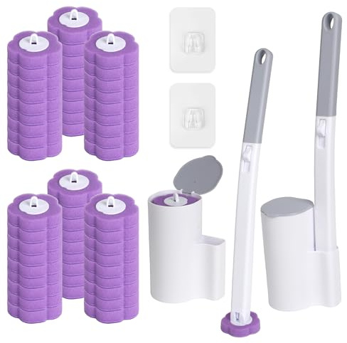 Monouso Scopino Bagno WC, confezione da 2 con manico estensibile e supporto. Spazzolone Bagno WC, fornito con 54 ricariche per la pulizia di bagni, vasche da bagno, lavandini e pavimenti (Viola)