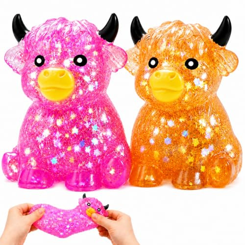2 Pcs Highland Cow Squishy Stress Balls, Slow Rising Sensory Squeeze Toys for Anxiety Relief, Cute Animal Fidget Toy for Office Desk Decor & Appreciation Gift