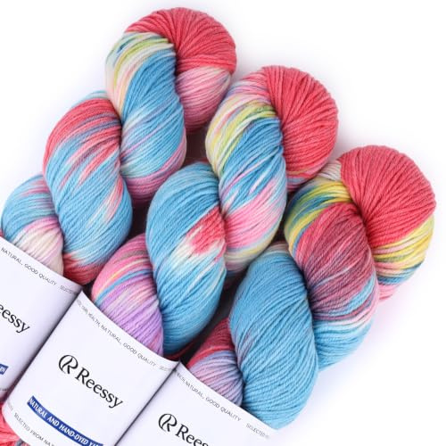 Reessy Crochet Yarn, 3×100g Double Knitting Wool - 95% Wool 5% Polyester, Gradient Wool Yarn Hand Dyed DK Yarn for Knitting Socks Sweater Shawl (02)