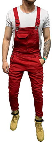Fansu Peto Jeans Monos Hombres, Denim Jeans Bib Overoles Pantalón Vaqueros de Mono para Hombre Pantalones de Bolsillo Rotos Mezclilla Jumpsuit Casual (L,Vino rojo)