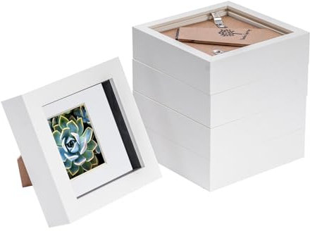 Nicola Spring 5 Piece 4 x 4 3D Shadow Box Photo Frame Set - Craft Display Picture Frame with 2 x 2 Mount - Glass Aperture - White/White