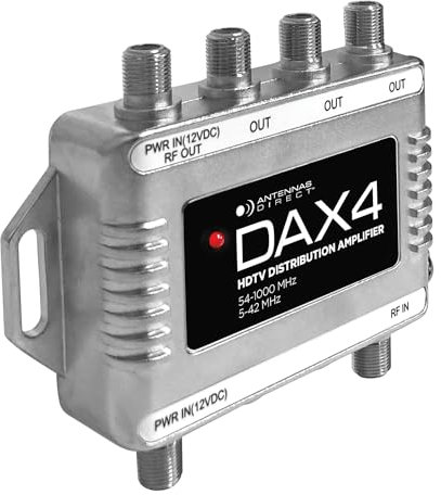 Antennas Direct DAX 4-Output TV Antenna Distribution Amplifier, Output to 4 Televisions, CATV Systems, 4K 8K Ready – w/Power Supply, Coaxial Cable (Silver)