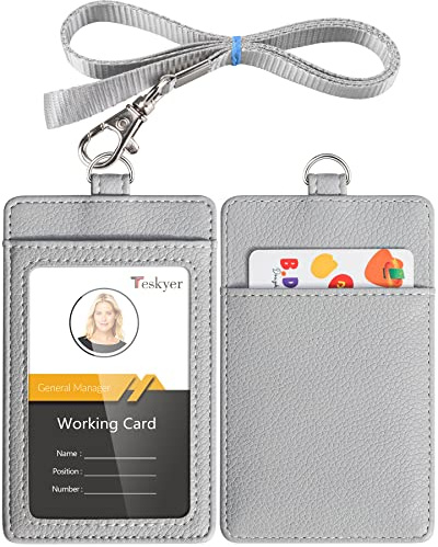 Teskyer Card Holder with Lanyard, ID Badge Holder, Oyster Card Holder, Bus Pass Holder, with Clear Window, Holding 2 Cards, PU Leather, Light Grey