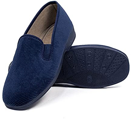 COZSERIES Zapatillas de Casa Hombre | Mocasines de Paño Cerrados con Estampado de Cuadros | Pantufla Plana Térmica | Suela de Caucho Antideslizante | Calzado de Descanso Sin Cordones | Marino